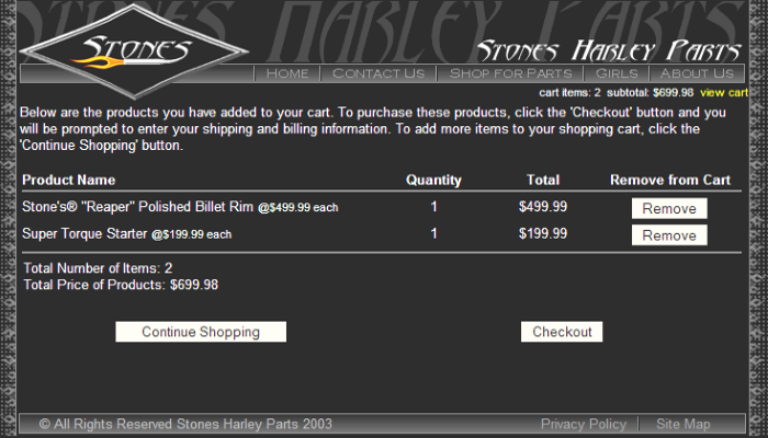 Stones' Harley Parts e-commerce website
